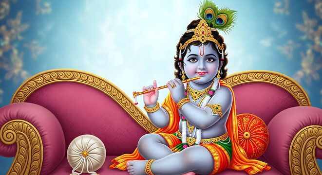 Baby Krishna Playing Flute on Pink Couch with Peacock Feather Crown