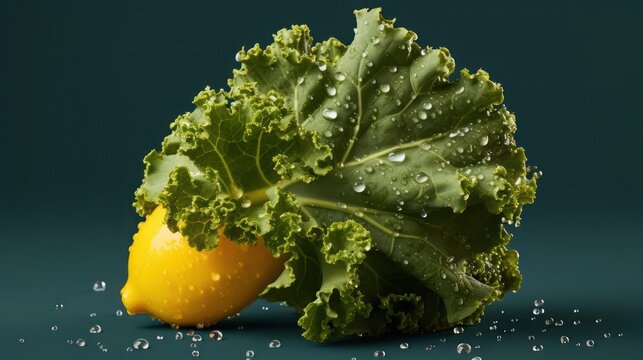 Fresh kale and carrot with water droplets.