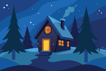 Fototapeta premium Winter Night Cabin Illustration: Cozy Home in Snowy Landscape with Pine Trees, Stars, and Warm Light - Vector Art