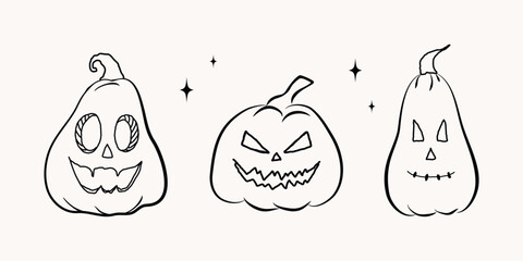 Whimsical hand drawn halloween set. Doodle sketch pumpkin, magic spooky elements. line art cartoon icon, fun symbols for decoration, posters, horror party. Autumn Isolated vector illustration. 