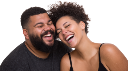 Happy couple laughing together, isolated on white background.