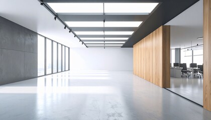 Obraz premium Modern Open Plan Office Space Design: Spacious Contemporary Interior with Concrete and Wood