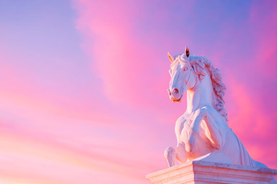 Classical gray horse stone statue illuminated by sunset warm glow