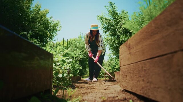 Woman engaged in gardening, using a hoe to cultivate soil in raised beds surrounded by lush greenery, under a clear blue sky, showcasing the joy of outdoor gardening and nature