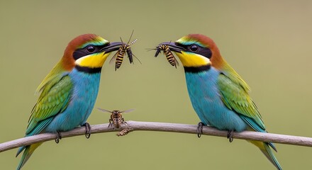 Fototapeta premium Colorful European bee-eaters perched on a branch holding insects in their beaks in a natural