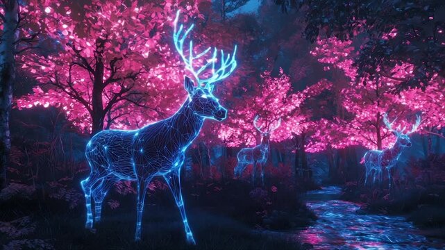 Glowing deer in a neon pink forest at night