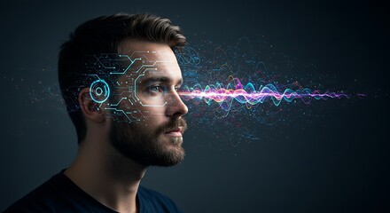 Profile of a man with digital eye interface and abstract light waves emanating from his eye, suggesting technology and vision.
