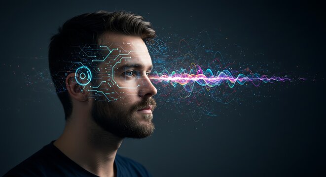 Profile of a man with digital eye interface and abstract light waves emanating from his eye, suggesting technology and vision.