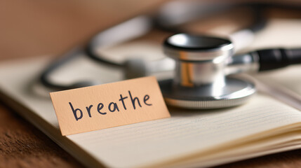 Breathe reminder note card placed next to medical stethoscope on wooden desk promoting mindfulness and stress relief in healthcare professional workplace.