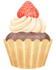 Watercolor muffin with whipped cream and strawberry.