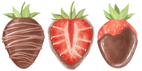 Watercolor set of chocolate-covered strawberry illustrations.