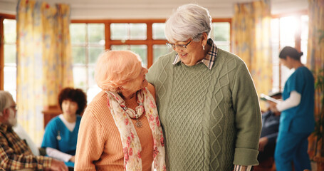 Smile, laugh and hug with old women in nursing home for retirement, healthcare support and love....