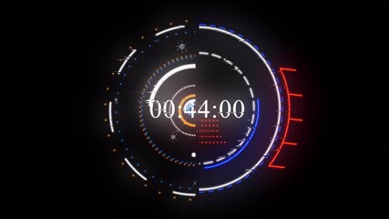 Digital countdown timer with glowing circular interface and sci-fi HUD design. Features vibrant red and blue neon elements on a dark background, perfect for cyberpunk themes, technology videos, or UI  - Powered by Adobe