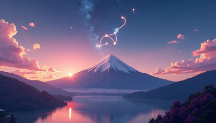 Serene Sunrise over Mount Fuji with Pisces Constellation