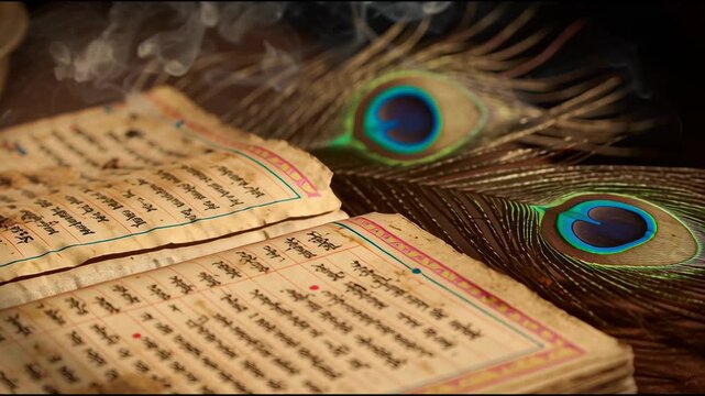 Vedic Manuscript and Peacock Feather Still Life is a mystical animated background perfect for dark fantasy visuals, ancient mythology reels, or spiritual storytelling scenes.