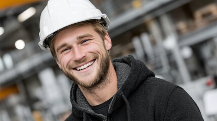 Headshot of cheerful worker wearing a hard hat at a construction site
