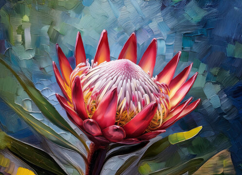A vibrant pink and red protea flower, in full bloom, is showcased against a textured, abstract background of blues and greens. The image is painterly in style.