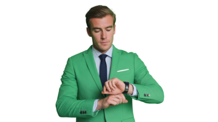 Professional man in green suit checking watch, white isolate background