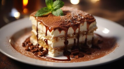 Delicious Tiramisu Dessert with Chocolate and Mint
