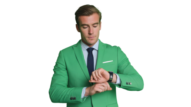 Professional man in green suit checking watch, white isolate background