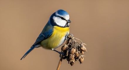 Fototapeta premium Eurasian Blue Tit perched gracefully on a dry plant in autumn landscape wildlife photography