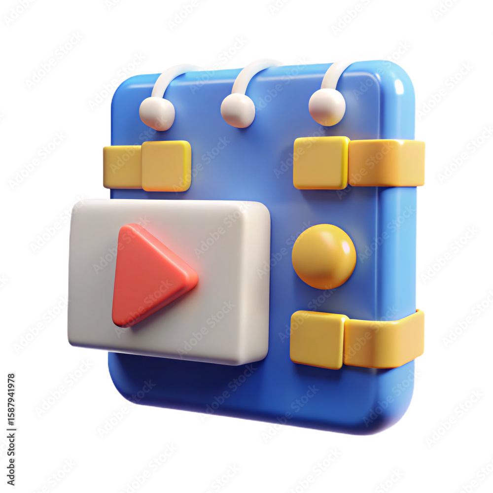 Poster 3d render of a blue media player icon with play button on transparent background for digital content