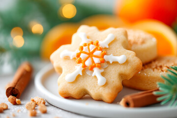 Detailed ornate Christmas cookie with orange brown icing festive holiday treat