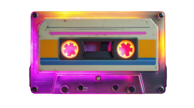 Retro cassette tape with vibrant colors and glowing effects, isolated on white background.