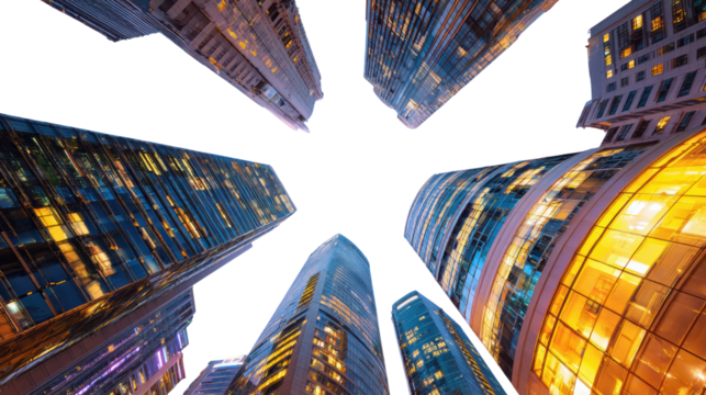 Skyscrapers viewed from below, showcasing modern architecture against the night sky.