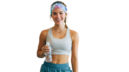 Smiling woman holding a water bottle, ready for workout or fitness activity.