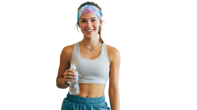Smiling woman holding a water bottle, ready for workout or fitness activity.