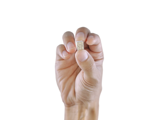 A hand holding a small SIM card between the thumb and index finger, isolated on a white background.