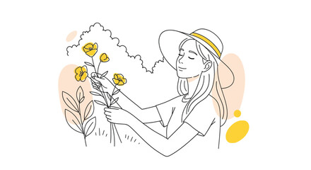 A woman in a hat gently gathers yellow flowers in a field, enjoying the beauty of nature.