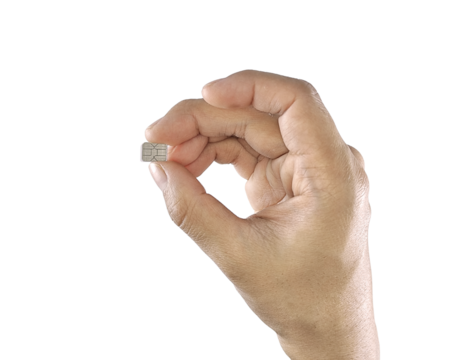 A person's hand pinches a small silver nano-SIM card between the thumb and index finger, isolated on a white background.