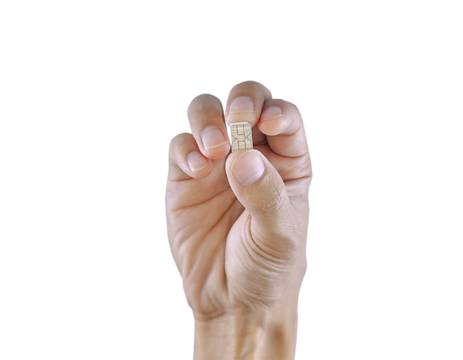A hand holding a small SIM card between the thumb and index finger, isolated on a white background.