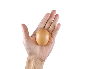 Close-up of human hand carefully holding one raw egg, isolated for culinary or organic farm concept