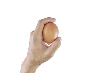 Hand holding a fresh chicken egg with a clean white background, symbolizing natural food and protein