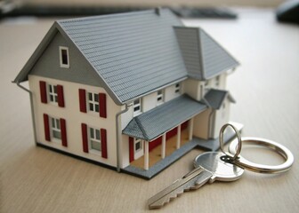  House Model and Keys on Wooden Table—Real Estate Concept