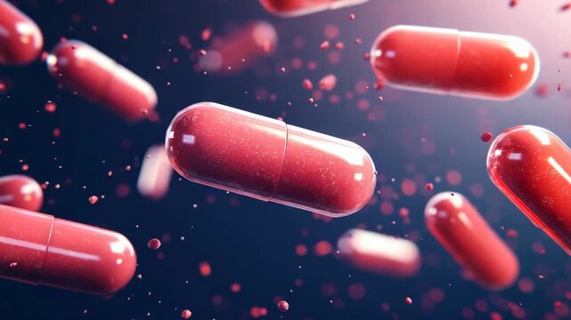 Close up of capsules dispersing with red light effect