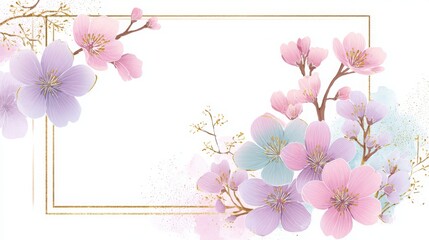 Fototapeta premium Dreamy Pastel Floral Frame with Blossoming Flowers and Leaves