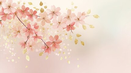 Fototapeta premium Elegant Pink Blossom Branch with Gold Accents on Soft Background