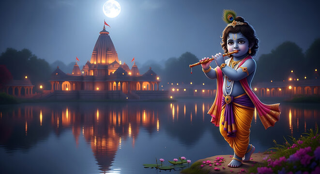 Blue Krishna Playing Flute Near Temple and Lake at Night