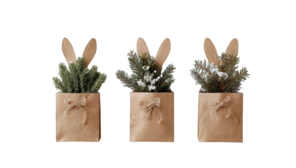 Three kraft paper bags, each with bunny ears and greenery