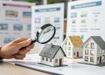 Hand holding magnifying glass and looking at house model, house selection, and real estate concept.