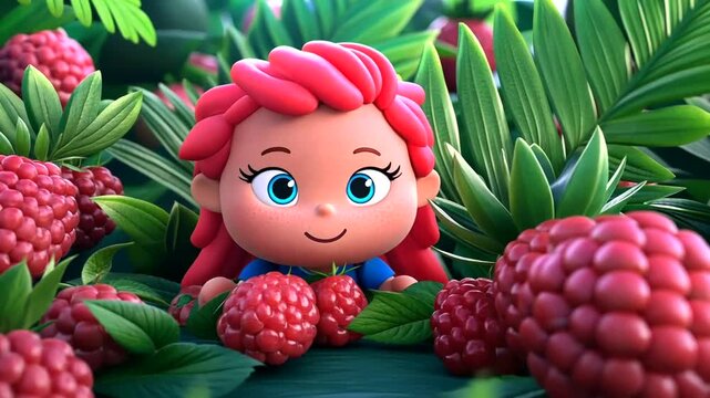 Cartoon child amidst vibrant red raspberries and lush green leaves Playful and cheerful