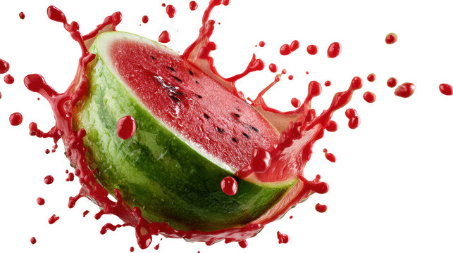 Watermelon slice exploding with juice, vibrant and refreshing on a black background.