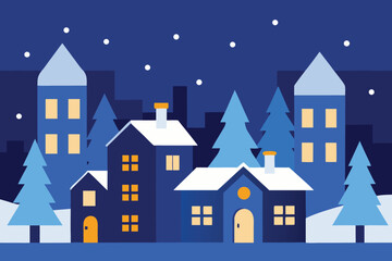 Fototapeta premium Winter Village Night Scene Illustration: Snowy Houses, Trees, and Starry Sky Vector Graphic for Holiday Designs