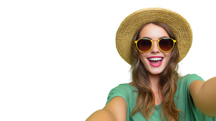 Woman in a hat and sunglasses taking a selfie, showcasing joy and summer vibes against a white background.