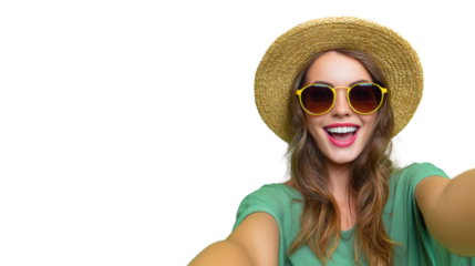 Woman in a hat and sunglasses taking a selfie, showcasing joy and summer vibes against a white background.