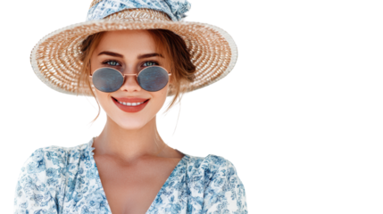 Young woman smiling in sunglasses and a sun hat, showcasing a joyful summer vibe.